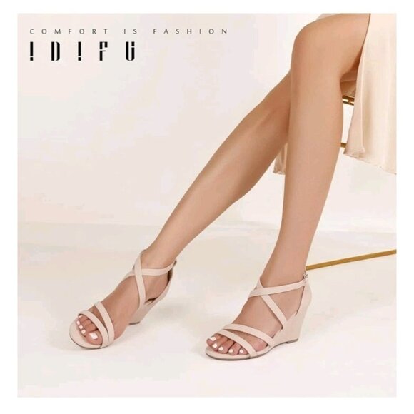 IDIFU Women's 3 Inch Strappy Wedge Sandals Open Toe Dressy Wedges For Women Nude - Picture 4 of 6